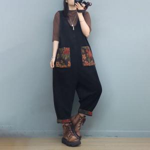 Printed Pockets Front Zip Corduroy Sleeveless Overalls