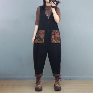 Printed Pockets Front Zip Corduroy Sleeveless Overalls