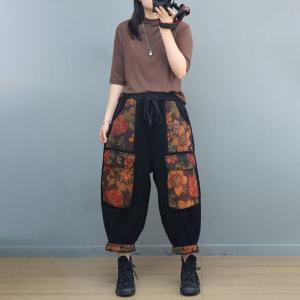 Floral Patched Pockets Baggy Corduroy Fleeced Pants