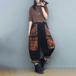 Floral Patched Pockets Baggy Corduroy Fleeced Pants