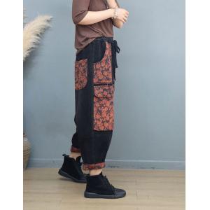 Floral Patched Pockets Baggy Corduroy Fleeced Pants