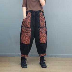 Floral Patched Pockets Baggy Corduroy Fleeced Pants