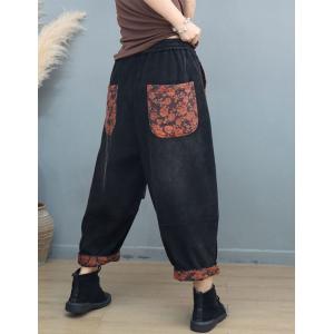 Floral Patched Pockets Baggy Corduroy Fleeced Pants