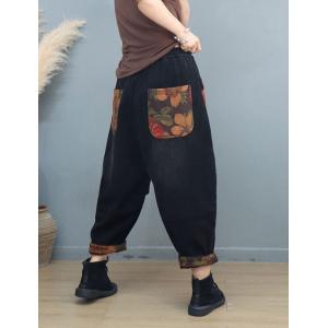 Floral Patched Pockets Baggy Corduroy Fleeced Pants