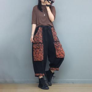 Floral Patched Pockets Baggy Corduroy Fleeced Pants