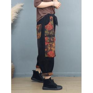 Floral Patched Pockets Baggy Corduroy Fleeced Pants