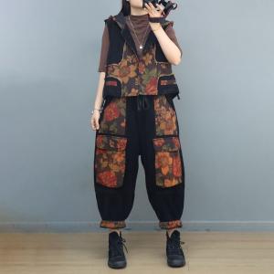 Cotton Linen Flowers Patchwork Hooded Vest