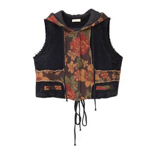 Cotton Linen Flowers Patchwork Hooded Vest