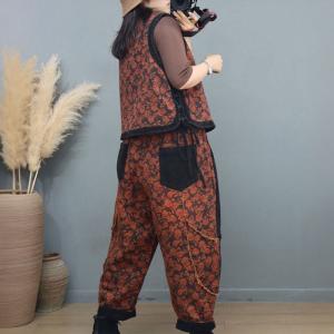 Folk Style Frog Buttons Waistcoat with Printed Quilted Pants