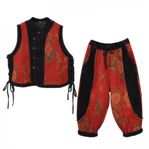 Folk Style Frog Buttons Waistcoat with Printed Quilted Pants