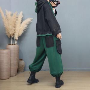 Denim Patchwork Fleeced Hoodie with Baggy Cargo Pants Sets