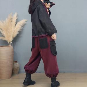 Denim Patchwork Fleeced Hoodie with Baggy Cargo Pants Sets