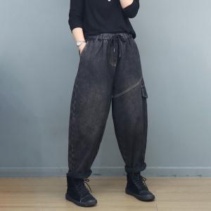 Side Pockets Black Winter Pull-On Jeans