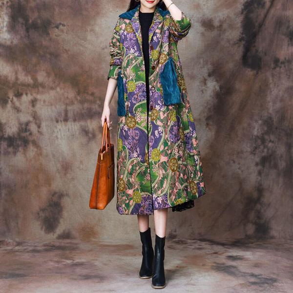 Colorful Printed Blue Pockets Cotton Linen Coat