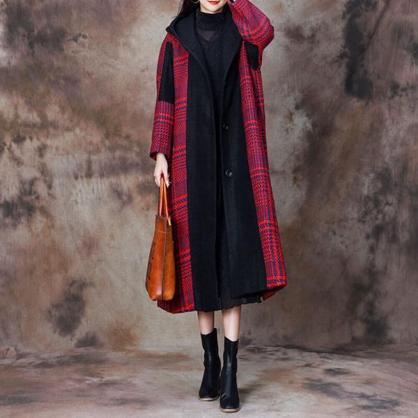 Red and Black Large Hooded Tartan Coat