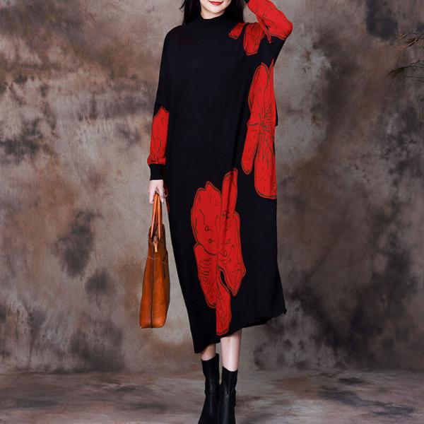 Bat Sleeves Big Flowers Wool Turtleneck Dress