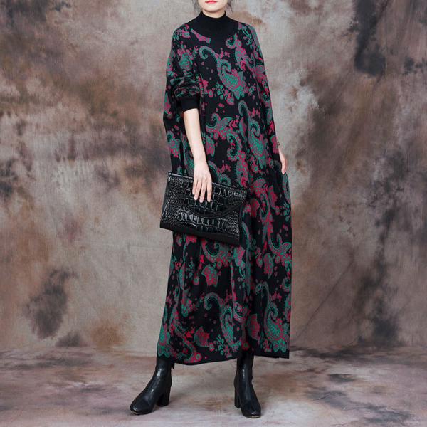 Loose Fit Mock Neck Wool Paisley Dress