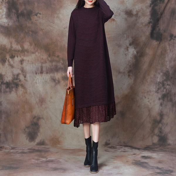 Stereo Striped Lace Hem Sweater Dress