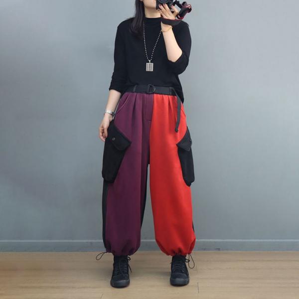 Purple and Red Fleeced Adjustable Cargo Pants