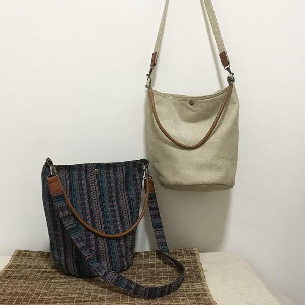 Folk Striped and Beige Cotton Canvas Bucket Bag