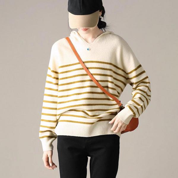 Yellow Striped Sheep Wool Hooded Sweater