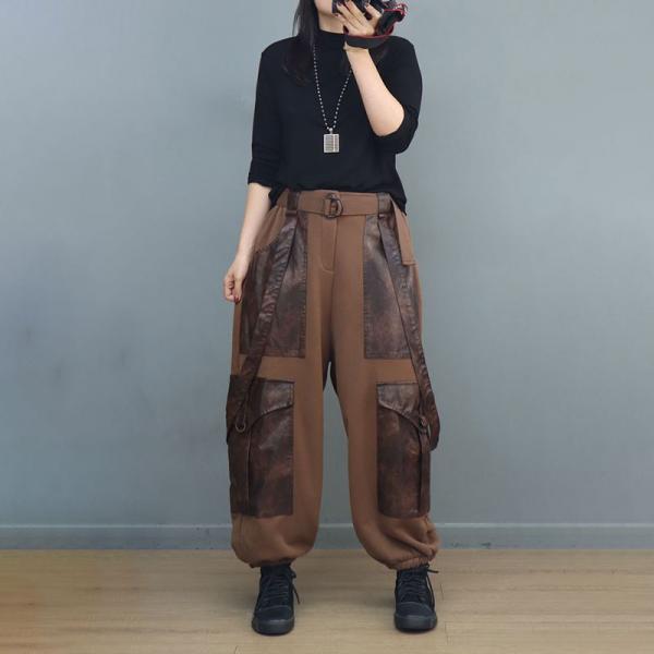 Hippie Style PU Pockets Cargo Suspender Pants