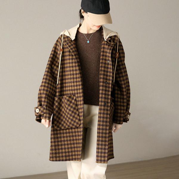 Preppy Style Mid-Calf Plaid Hooded Wool Coat