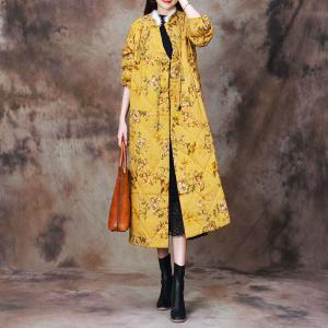 Fur Collar Chinese Button Yellow Quilted Coat