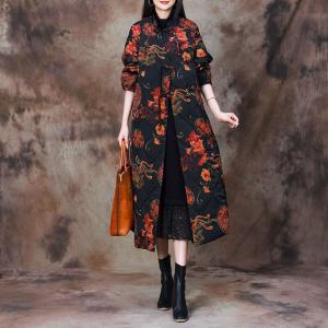 Phoenix Flower Quilted Cotton Linen Black Coat