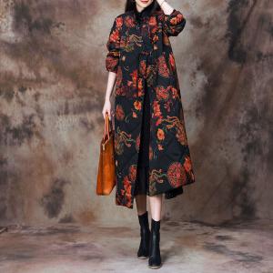 Phoenix Flower Quilted Cotton Linen Black Coat