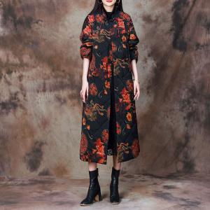 Phoenix Flower Quilted Cotton Linen Black Coat