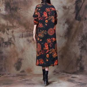 Phoenix Flower Quilted Cotton Linen Black Coat
