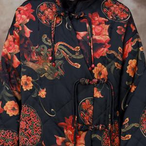 Phoenix Flower Quilted Cotton Linen Black Coat