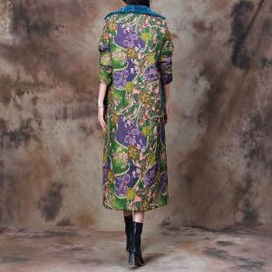 Colorful Printed Blue Pockets Cotton Linen Coat