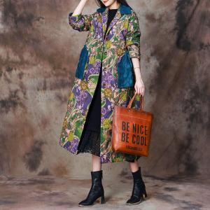 Colorful Printed Blue Pockets Cotton Linen Coat