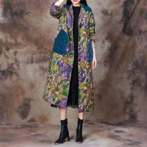 Colorful Printed Blue Pockets Cotton Linen Coat