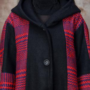 Red and Black Large Hooded Tartan Coat