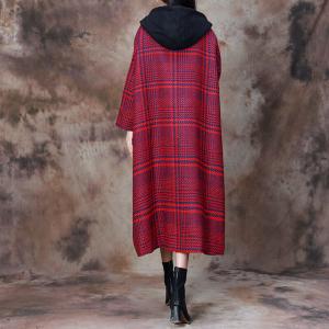 Red and Black Large Hooded Tartan Coat