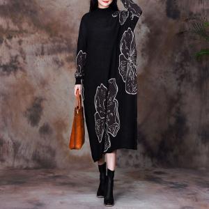 Bat Sleeves Big Flowers Wool Turtleneck Dress