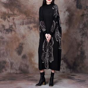 Bat Sleeves Big Flowers Wool Turtleneck Dress