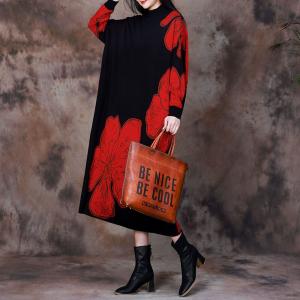 Bat Sleeves Big Flowers Wool Turtleneck Dress