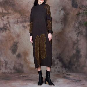 Bat Sleeves Big Flowers Wool Turtleneck Dress