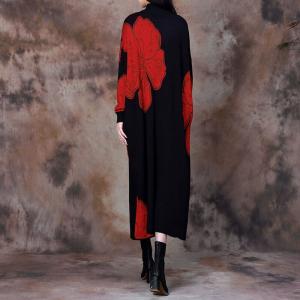 Bat Sleeves Big Flowers Wool Turtleneck Dress