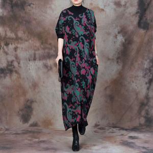 Loose Fit Mock Neck Wool Paisley Dress