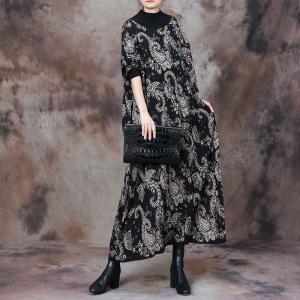 Loose Fit Mock Neck Wool Paisley Dress