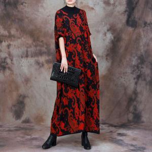 Loose Fit Mock Neck Wool Paisley Dress