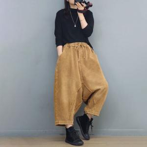 Drawstring Waist Fringed Corduroy Harem Pants