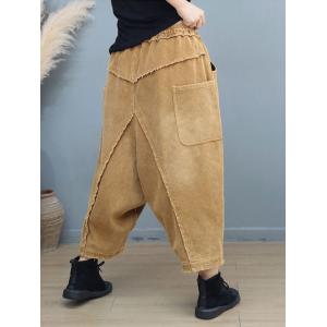 Drawstring Waist Fringed Corduroy Harem Pants