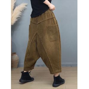 Drawstring Waist Fringed Corduroy Harem Pants