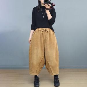 Drawstring Waist Fringed Corduroy Harem Pants